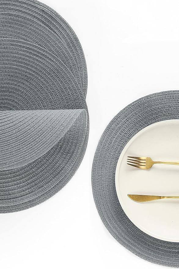 Floroom 15 Inch Round Braided Placemats Set of 4, Washable Heat Resistant Cotton Polyester Circle Place Mats for Kitchen Dining Table - Charcoal Grey