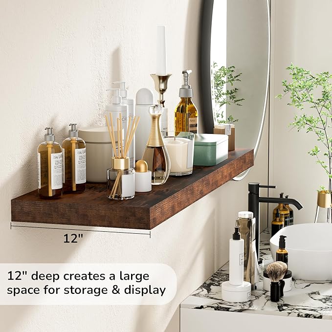 Fun Memories Floating Shelves - 2 Pack 12 Inch Rustic Wooden Wall Shelves - Extra Deeper & Thicker Wall Mounted Storage Shelf for Living Room, Kitchen, Farmhouse - 36" W x 12" D x 1.8" H - Brown