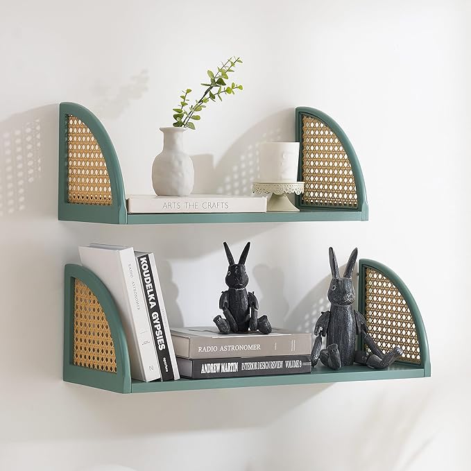 Rattan Wall Shelf 16 inch Floating Shelves Rustic Wood Wall Mounted Storage Shelves for Living Room Bathroom Kitchen Boho Wall Decor,Green