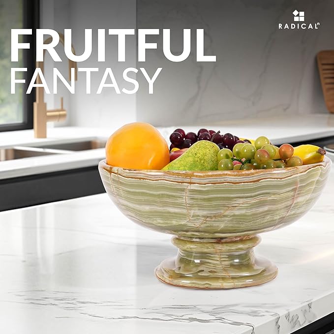 Radicaln Marble Fruit Dish Green Onyx 10" Inch Handmade Fruit Basket For Kitchen Counter, Decorative Bowls For Home Decor, Entryway Table Modern Candy Bowl