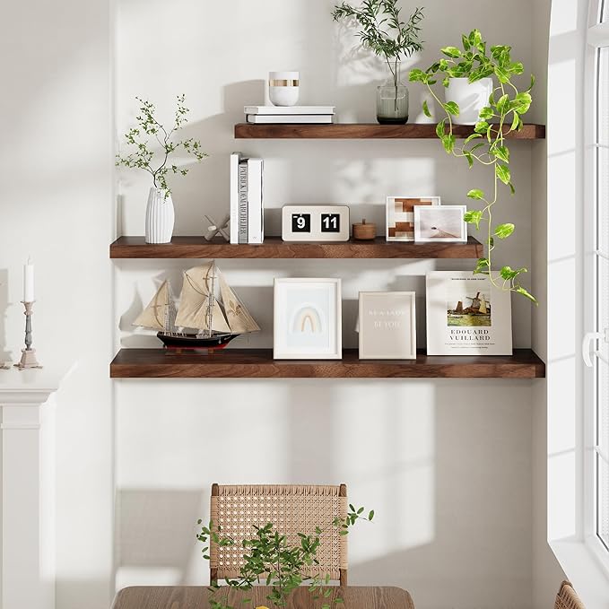48"W x 9"D Floating Shelves Set of 2, 9.3 Inch Deep Floating Shelves Wall Mounted, Wide Wall Shelves Invisible Bracket, Deep Storage Shelves for Living Room, Bathroom, Kitchen, Walnut Color