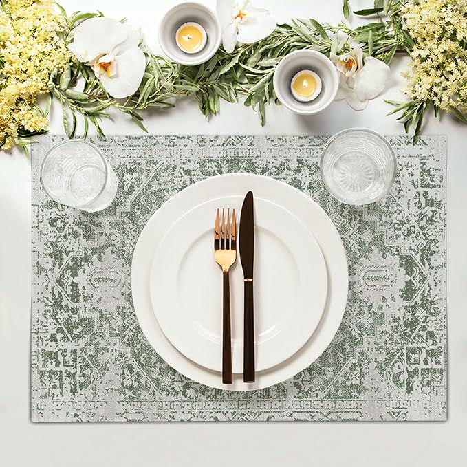 Gray Sage Green Boho Placemats Set of 4 Ethnic Bohemian Carpet Place Mats Washable Kitchen Dining Vintage Grey Geography Floral Linen Table Mats Stain Heat-Resistant for Home Party Indoor 12x18 in