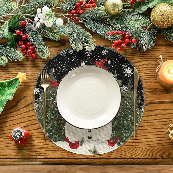 Artoid Mode Snowman Trees Snowflakes Christmas Round Placemats Set of 4, 14 Inch Black Winter Round Table Mats for Dining Decoration