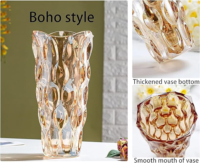CEMABT Amber Glass Vase for Centerpieces, 9.4-inch Height, 5.1-inch Opening Width, 3.4 lbs Weight, Unbreakable, Suitable for All Kinds of Flowers, Modern and Elegant