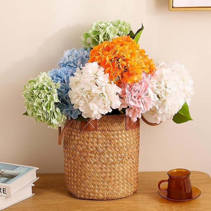 Tifuly Fake Hydrangea Artificial Flowers with Vase 4pcs 3D Real Touch Faux Hydrangea and 3pcs Eucalyptus Stems for Wedding Centerpiece Home Party Table Decoration(White)