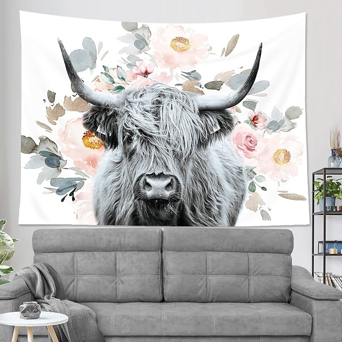 AMBZEK Highland Cow Tapestry Floral 51Hx59W Inch Western Country Wall Art Funny Tapestry Bull Cattle Rustic Farmhouse Wildlife Flowers Cute Animal Farm Wall Hanging Bedroom Living Room Decor Fabric