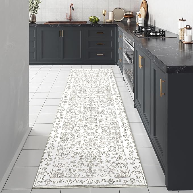 Floral Runner Rug 2x6 Hallway Washable Taupe Kitchen Carpet Non Slip Boho Thin Farmhouse Throw Accent Long Rug for Laundry Bathroom Office Bedroom