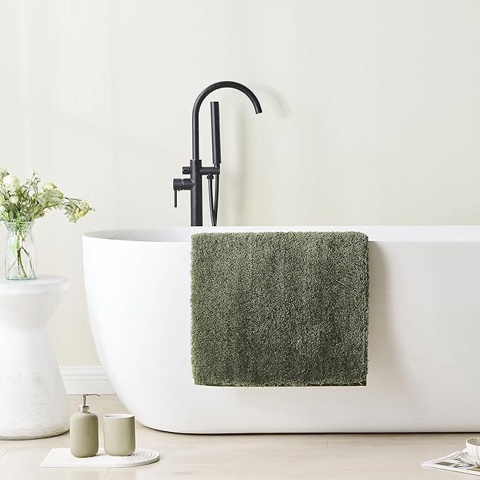 CozeCube Upgraded Shaggy Bath mat for Bathroom Non Slip 36" X 24", Super Soft Quick Dry Bath Rugs, Fluffy Plush Bathroom Rugs Machine Washable, Olive Green