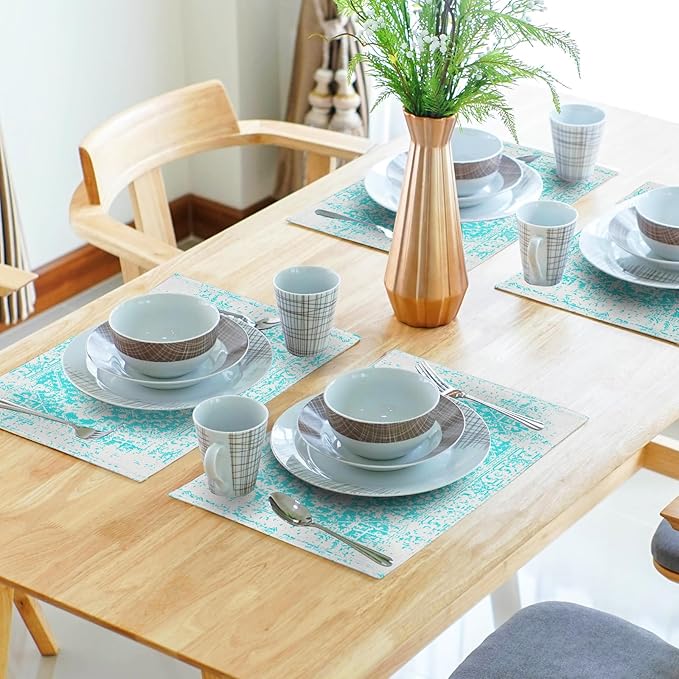 Gray Aqua Turquoise Boho Placemats Set of 6 Ethnic Bohemian Carpet Place Mats Washable Kitchen Dining Vintage Grey Floral Linen Table Mats Stain Heat-Resistant for Home Party Indoor 12x18 in