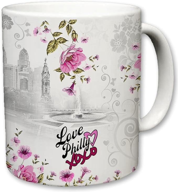 City of Philadelphia Inspired Mug | Ceramic Coffee Cup | Downtown Skyline Background | Liberty Bell & Love Park | Pink Floral | Philly XOXO | Novelty Gift | 11 Fl. Oz (White/Pink)
