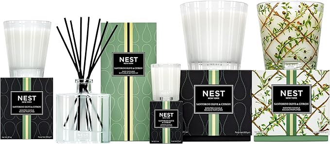 NEST New York Reed Diffuser, Santorini Olive & Citron - 5.9 fl oz - Fragrance for Up to 90 Days - Reusable, Refillable Glass Holder - Includes 8 All-Natural Reed Sticks - Flame Free