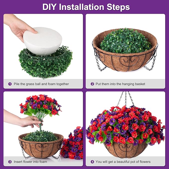 Artificial Hanging Flowers in 12 inch Basket, Faux Silk Petunias Flower Arrangement,Coconut Lining with Morning Glories Fake Plants Patio Garden Porch Deck Spring Summer Decor(Purple and Red)