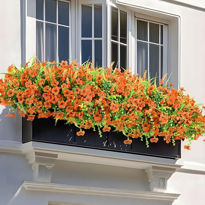 24 Bundles Artificial Flowers for Outdoors Spring Summer Decoration, UV Resistant Eucalyptus Violet and Lavender Silk Fake Plants for Outside Indoor Yard Home Patio Porch Decor, Orange