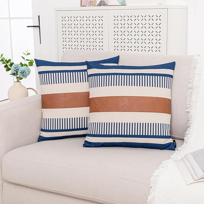 Farmhouse Stripe Pillow Cover 18x18 Boho Accent Cushion Case Faux Leather Decorative Pillowcase,Navy Blue and Beige (Cover ONLY, Pack of 2)