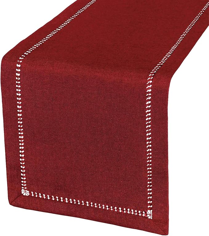 Grelucgo Handcrafted Solid Color Dining Table Runner, Dresser Scarf, Double-Hemstitched (Burgundy, 14 x 60)