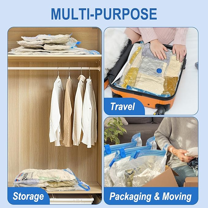10 Pack Medium Vacuum Storage Bags with Hand Pump, Plastic Packaging Bags, 80% Space Saver Vacuum Seal Bags for Clothing, Travel Lugggage, Blankets, Comforters