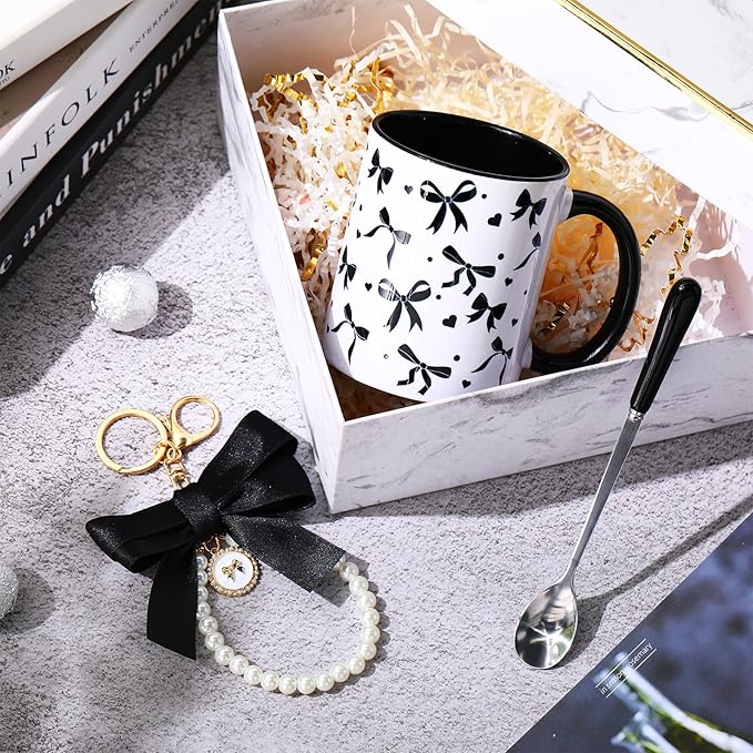 Sliner Black Coquette Bow Coffee Mug Wedding Bridal Shower Gift Set Engagement Gift Ideas 11oz Aesthetic Ceramic Cup with Bow Keychain and Spoon Preppy Mug for Women Bride Christmas Birthday