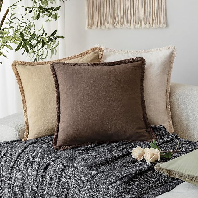 Foindtower Set of 2 Decorative Linen Fringe Throw Pillow Covers Boho Farmhouse Cushion Cover with Tassels Soft Accent Pillowcase for Couch Sofa Bed Living Room Home Decor,24×24 Inch,Reddish Brown