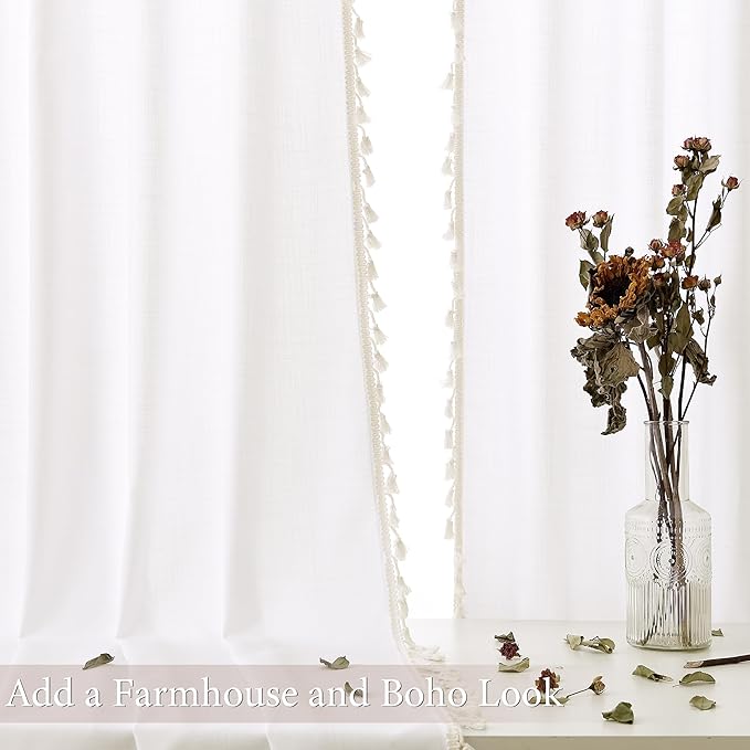 Natural Ivory Linen Curtains 120 Inches Long 2 Panels Boho Farmhouse Semi Sheer Curtains Tassels Back Tab Top Neutral Textured Off White Light Filtering Chic Drapes for Living Room Bedroom 52x120