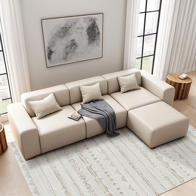 Deerly 3x5 Rug Boho Moroccan Farmhouse Machine Washable Rugs 3x5 Area Rug with Rubber Backing, Soft Low Pile Indoor Floor Carpet Neutral Rug for Entryway Kitchen Laundry Bedroom, Light Brown