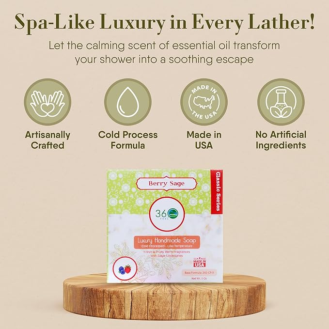 360Feel Berry Sage Soap - Handcrafted Castile Soap Bar with Soothing Scent - Handmade with Essential Oil - Suitable Gift for Anniversaries, Weddings, and Holiday Stockings - Rich Lather