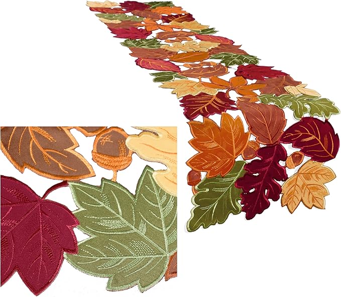 OWENIE Fall Table Runner - Thanksgiving, Farmhouse Embroidered Maple Leaves, 13 x 54 Inch, Orange