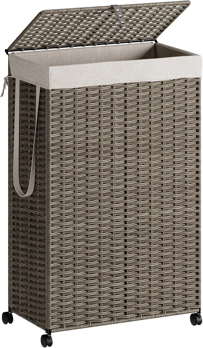 Rolling Laundry Hamper with Wheels and Lid, 90L Slim Laundry Basket with Removable Bag, Foldable Handwoven Rattan Laundry Sorter, Narrow Dirty Clothes Basket Organizer, No Assembly, Grey