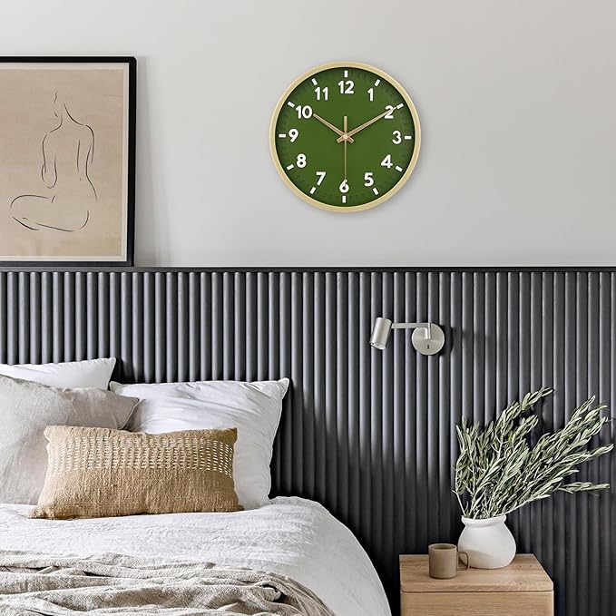 HIPPIH Wall Clock 2 Pack, 10 Inch Modern Wall Clocks Battery Operated, Non Ticking Silent Wall Clock, Simple Small Analog for Living Room, Bedroom, Kitchen, School, Office, Green