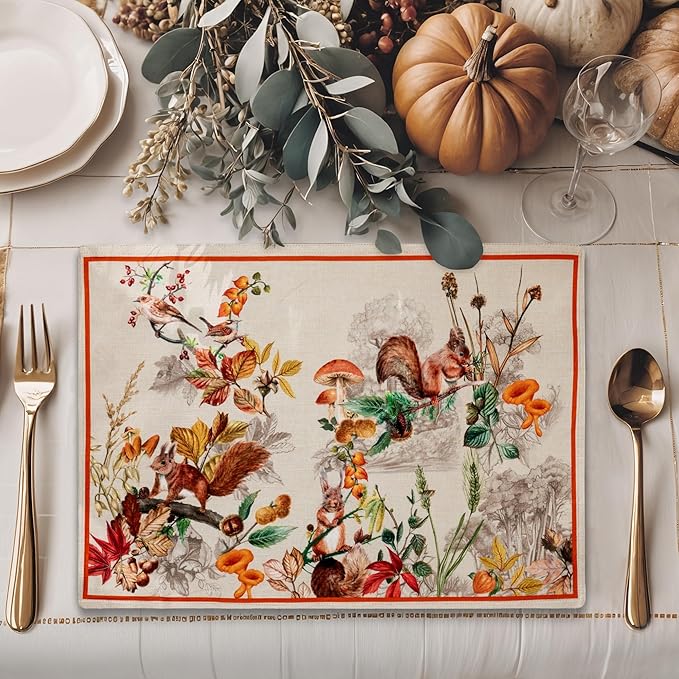 Maison d' Hermine Placemats Set of 4 100% Cotton Washable Cloth Place Mats, Reusable Table Mats for Kitchen Dining Decoration, Party, Wedding, Restaurant (Recolte, 13" x 19")