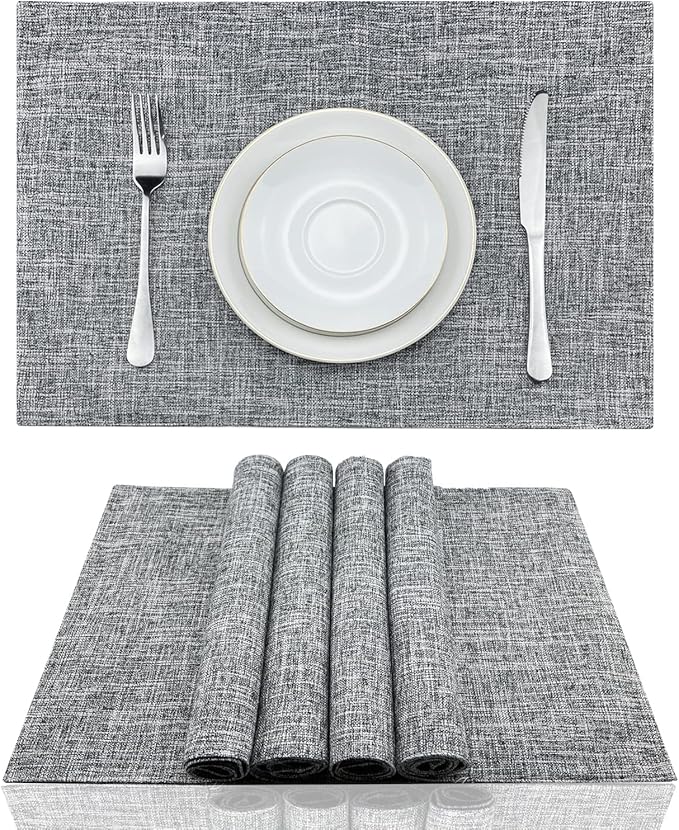 Weabetfu Cloth Placemats Set of 4 Heat Resistant Dining Table Placemmats Cotton Linen Machine Washable Kitchen Table Mats Wrinkle Free Thick Fabric Place Mat,Easy to Clean,13"x19",Mottled Grey w/Brown
