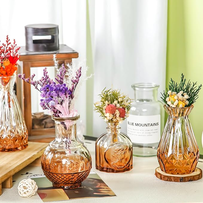 Der Rose Bud Vases in Bulk Glass Vase for Centerpieces Set of 20 Small Flower Vases Mini Vintage Vases for Rustic Wedding, Home Table Decorations (Amber)