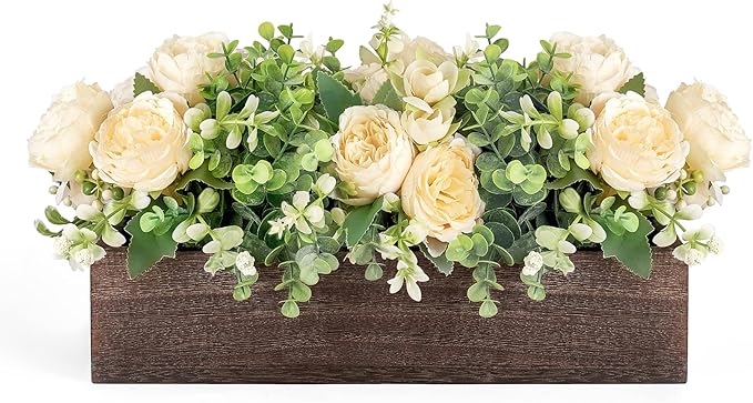 Dahey Centerpiece Table Decorations for Dining Room Farmhouse Living Room Table Centerpieces Decor Wood Tray with 3 Artificial Flowers and 2 Eucalyptus for Kitchen Table, 14.1" x 4.7" x 3.1"