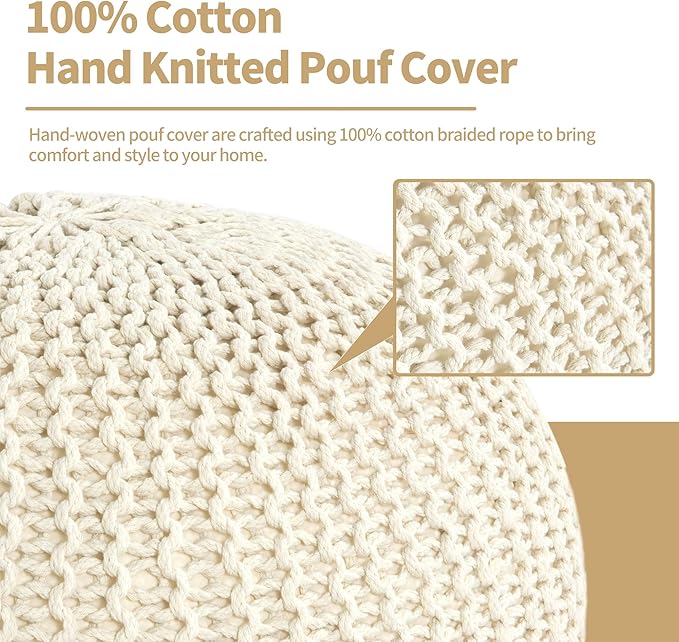 HOMBYS Unstuffed Ottoman Pouf Cover, 100% Cotton Handmade Knitted Ottoman Pouf Cover Round Foot Stool, Floor Bean Bag Chair, Foot Rest with Storage for Living Room Bedroom, Beige(Cover ONLY NO Filler)