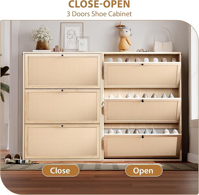 AVZEAR Narrow Shoe Storage Cabinet for Entryway with Natural Linen Panel, Freestanding Slim Shoe Cabinet with 3 Flip Drawers, Wood Shoe Organizer Closed Shoe Rack for Hallway, Living Room(Natural)