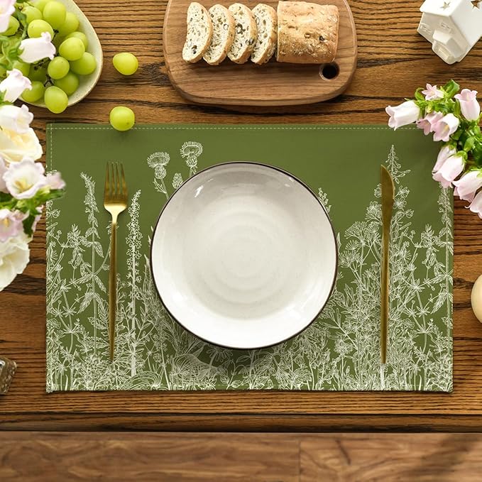 Artoid Mode Antique Herbs and Wild Flowers Spring Placemats Set of 4, 12x18 Inch Seasonal Sage Green Summer Table Mats for Party Kitchen Dining Decoration