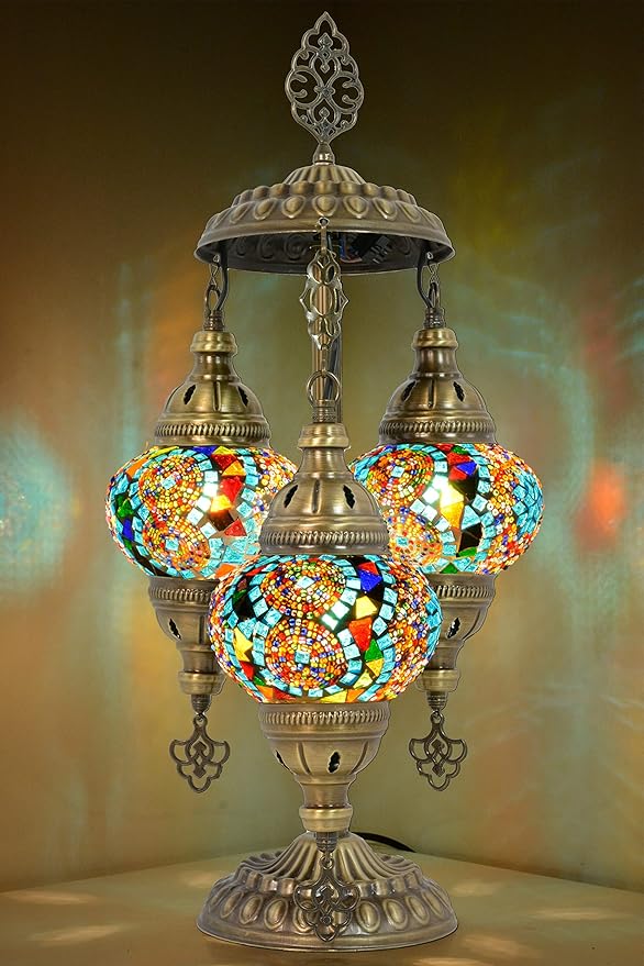 mozaist 3 Globe Turkish Mosaic Table Lamp, Stained Glass Tiffany Style Moroccan Desk Light, Handmade Vintage Antique Entryway Decorative Colorful Lighting with US Plug & E12 Socket (Multi-Colored)