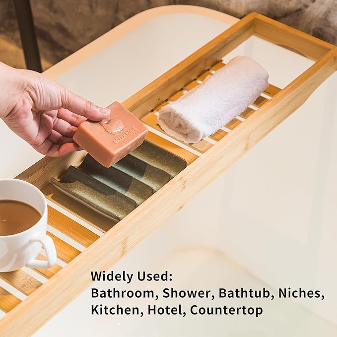 Draining Ceramic Soap Dish - Fluted Design, Bar Soap Holder for Shower & Bathroom, Soap Saver Sponge Lift, Green