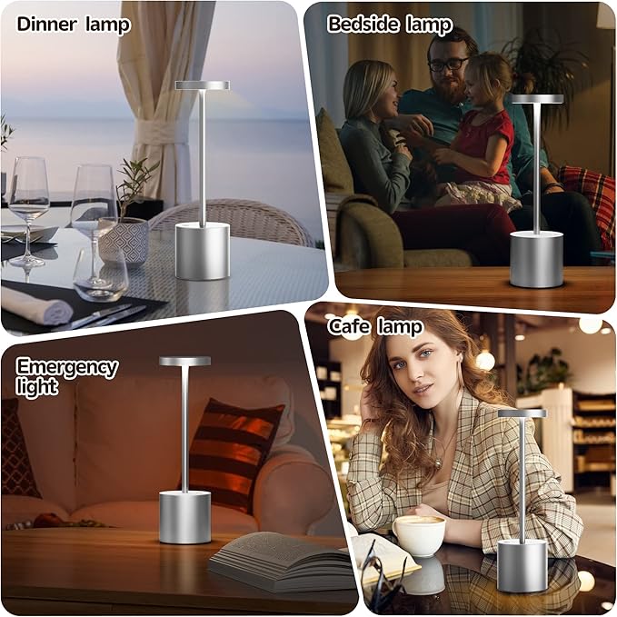 2Pack Cordless Table Lamp, Rechargeable LED Battery 5000mAh Metal USB Portable Powered Desk Lamp, 3 Levels Brightness Light for Restaurants Outdoor (2pack 10.25in Silver)