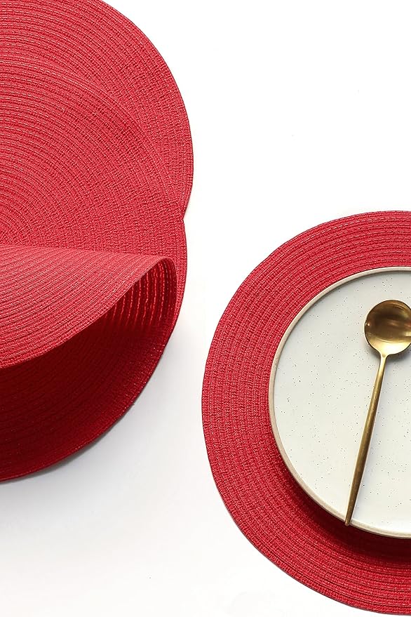 Floroom 15 Inch Round Braided Placemats Set of 6, Washable Heat Resistant Cotton Polyester Circle Place Mats for Kitchen Dining Table - Red