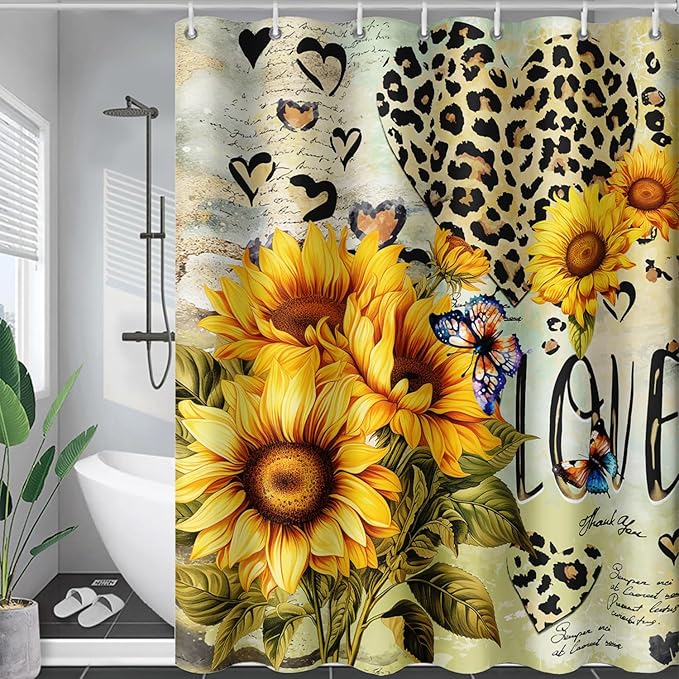 AILONEN Sunflower Waterproof Shower Curtain,Yellow Sunflower Bath Curtain for Girls Women,Romantic Hearts Butterfly Flower Bathroom Curtain with 12 Plastic Hooks, 72" W x 72" H
