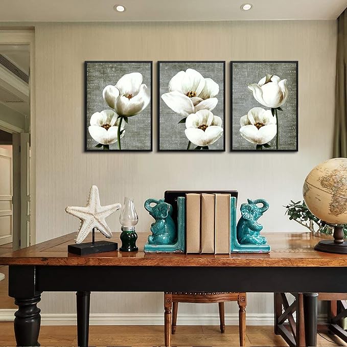 TTHYUEWS Black Framed Wall Art For Living Room Wall Decor For Bedroom Kitchen Decor Gray Green Vintage Style White Flowers Wall Painting Abstract Pictures Prints Artwork Modern Room Decor 3 Panels