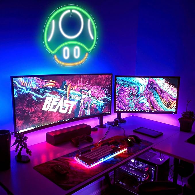 Kavaas Gaming Neon Sign, Mushroom Neon Sign for Game Room Decor, Man Cave, Kids Room - Gaming Mushroom Wall Decor - Gamer Gifts for Boys, Kids (Green)