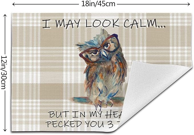 Funny Owl Placemats Set of 4, Cute Buffalo Plaid Table Mats, Heat Resistant Washable Linen Place Mats for Kitchen Dining Tables Farmhouse Decoration 12x18 Inch