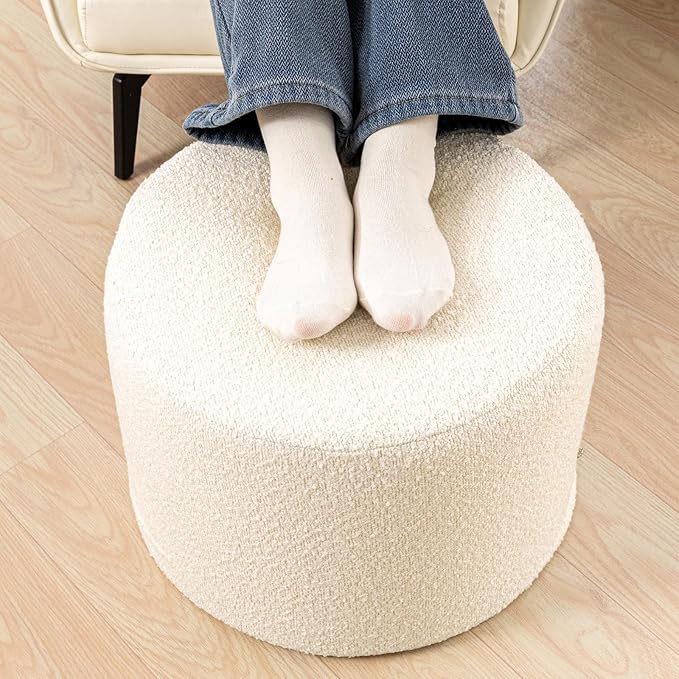 Asuprui Supportive Boucle Ottoman Foot Rest Elevate Your Living Room Decor with Lightweight Pouf Ottoman Filler and Comfort Cover Modern Foam Stuffed Poof Perfect to Rest Your Feet (Ivory)