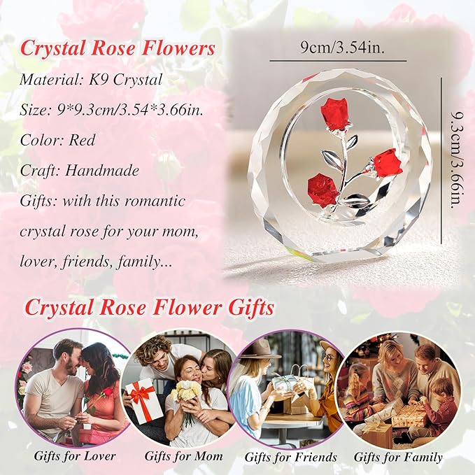 Crystal Red Rose Bouquet Figurines Glass Flowers with Stems Valentines Anniversary Rose Gifts for Girlfriend Wife, Red Crystal Rose in Glass Ring Collectible Figurines Forever Roses Decor