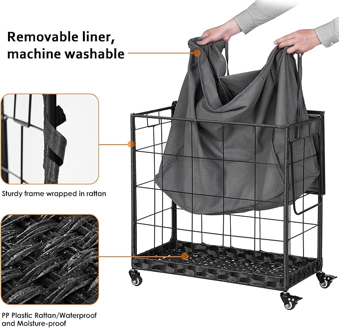 Laundry Hamper with Heavy Duty Caster Wheels; 3 Sections Clothes Hamper with Lid; 132L Laundry Basket with Removable Liner Bag; Laundry Sorter with Metal Handle (Grey)