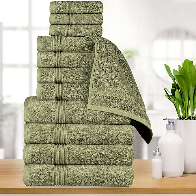 Superior Egyptian Cotton 12-Piece Towel Set, Assorted Towels, Home Bathroom, Master, Guest Bath, Decor Essentials, 4 Bath, 4 Hand, 4 Face Towels/Washcloths, Quick Dry, Absorbent, Forest Green