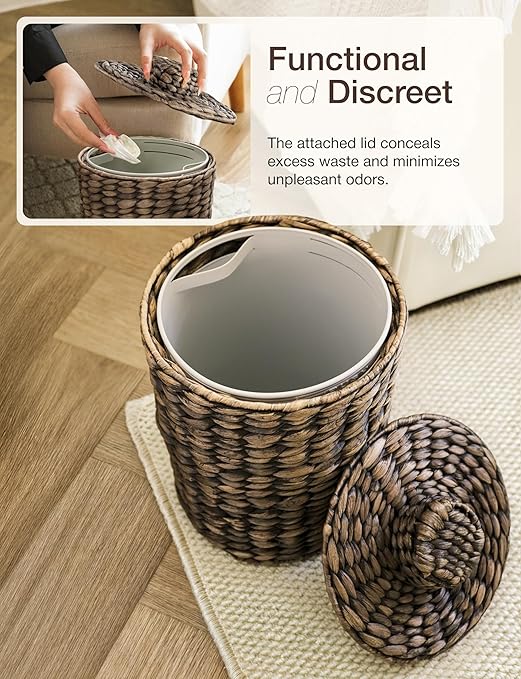 1.3 Gallons Wicker Waste Basket - Water Hyacinth Bathroom Trash Can - Garbage Can with Lid Boho Style - Wicker Trash Can with Lid for Bedroom, Kitchen - Removable Liner, Handwoven (Black color)