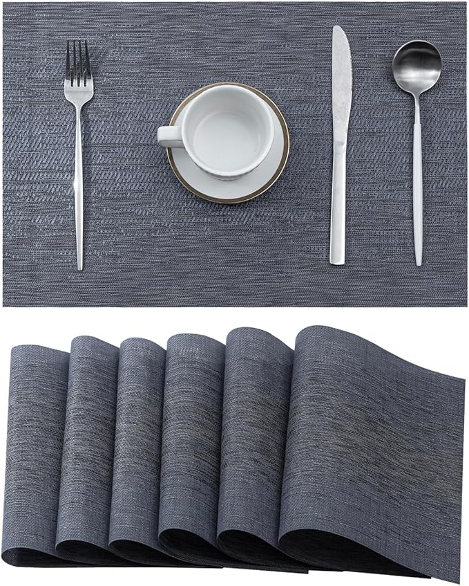 Leetaltree Denim Blue Placemats Set of 6 - Heat Resistant Non-Slip Place mats for Dining Table, Washable Durable PVC Vinyl Woven Table Mats(Denim Blue, 6)