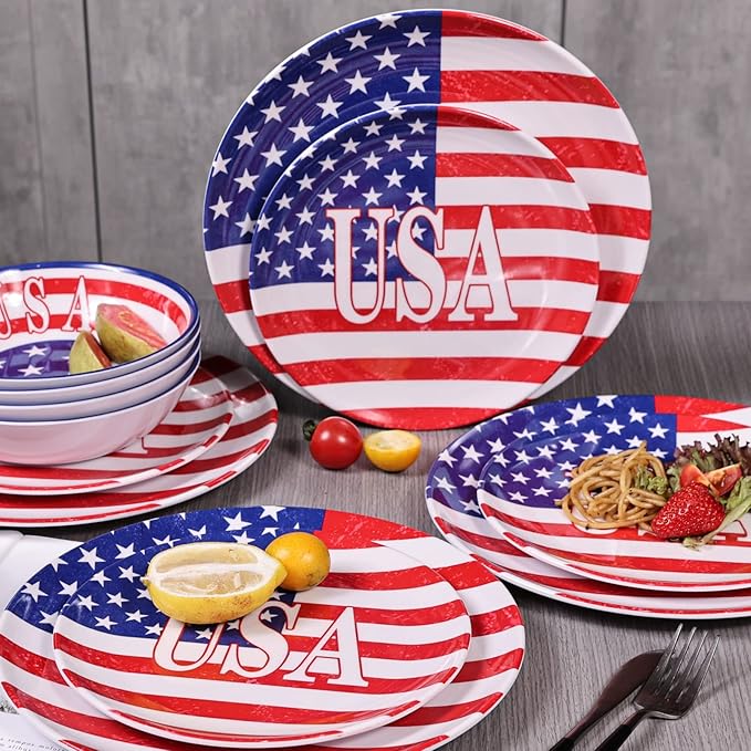 Melamine Dinnerware Sets 12 Pcs Independence Day American Flag Melamine Dinner Plates, Dishes & Bowls Set for 4th July
